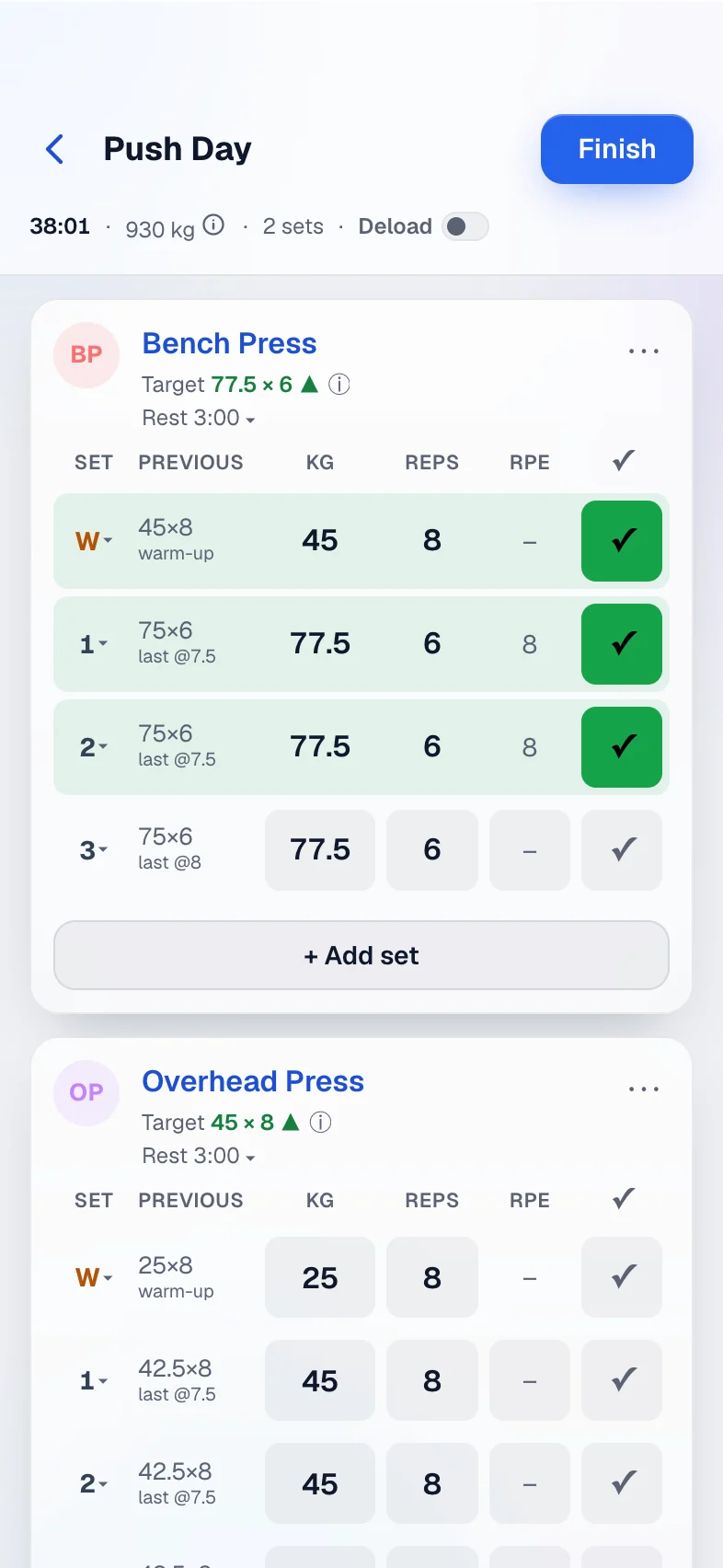 Steady Lift mid-workout: Push Day at 38 minutes, bench set 3 logged at 77.5 kg × 6 as a PR, the rest timer counting down, then the weekly recap with the muscle map and PRs
